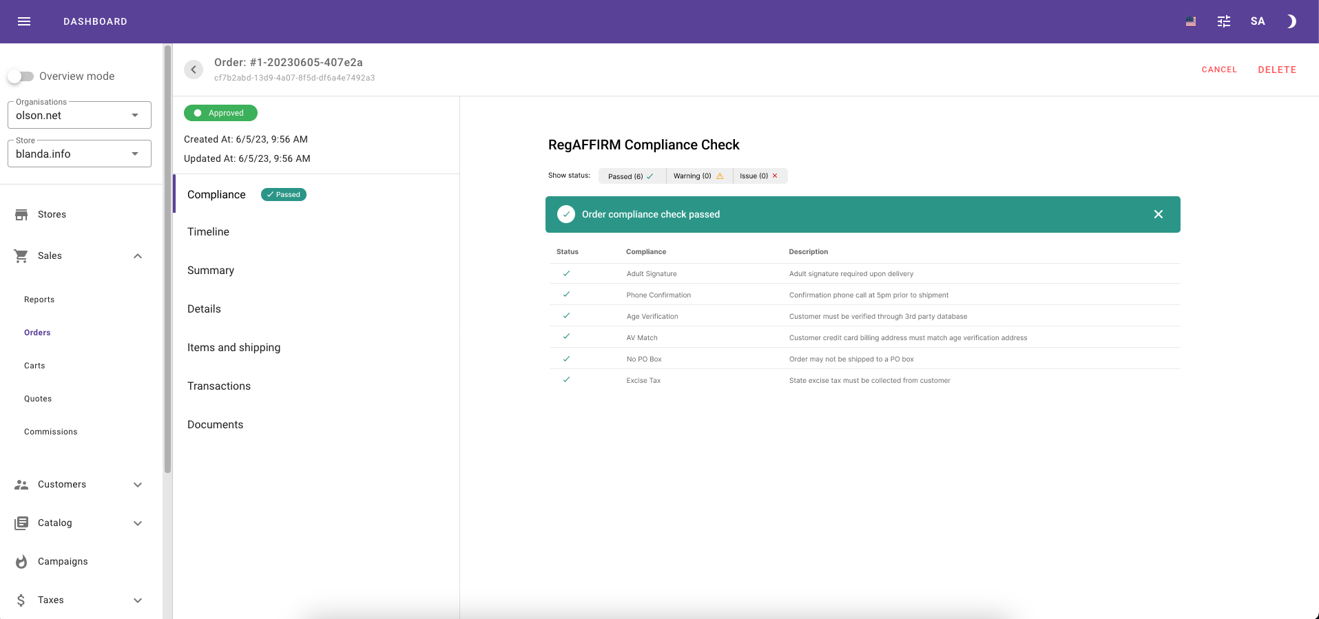 Admin console showing all compliance checks passed for a California order