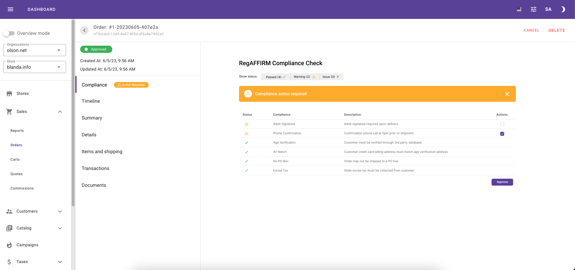 Admin console showing compliance check warnings for a California order