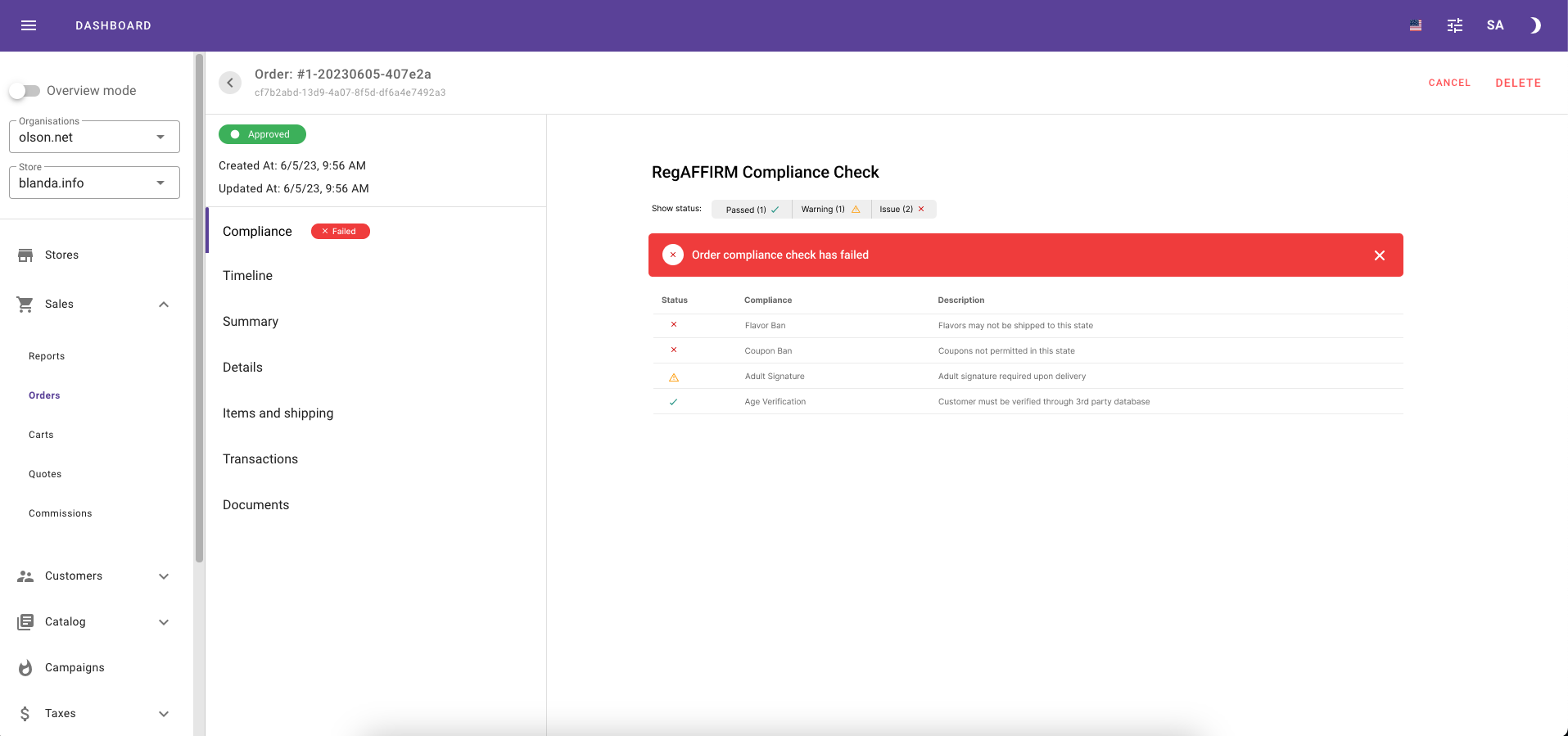 Admin console showing a compliance issue on a Massachusetts order