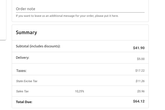 Storefront checkout showing California excise tax applied to a vape order