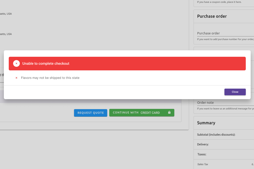 Storefront checkout showing Massachusetts flavor ban enforcement